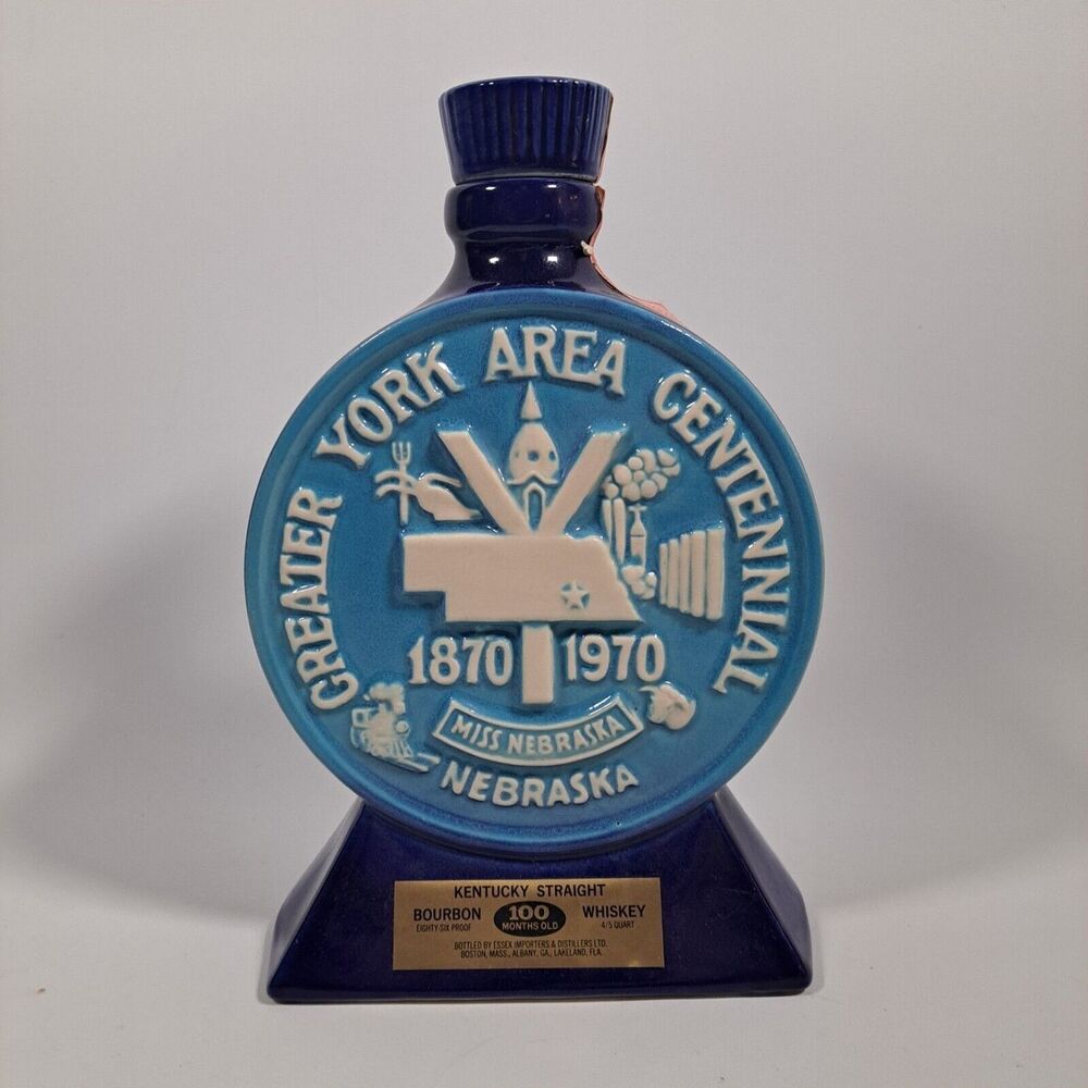 VTG 1970 Jim Beam York Nebraska Centennial Liquor Decanter Bottle Blue Tax Stamp